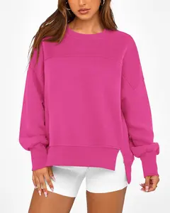 YF Solid Color Loose Fit Crew Neck Pullover Curved Side Split Hem Rib Cuff Long Sleeve Sweatshirt for Ladies Athleisure Street Outfit Womenswear Asymmetric Bag Breathable Brown Casual Denim Elastic Everyday