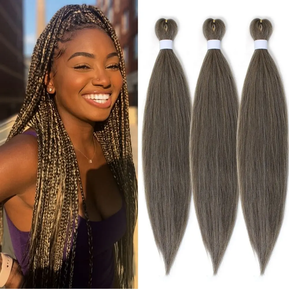 Ash Brown Pre Stretched Braiding Hair, 3 Packs Mixed Braid Hair