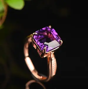 Natural amethyst ring S925 silver inlaid with moissanite diamond