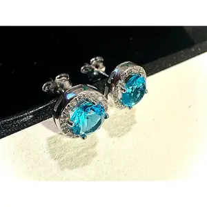 925 Sterling Silver Blue Topaz Stud Earrings 9MM Gift Birthstone