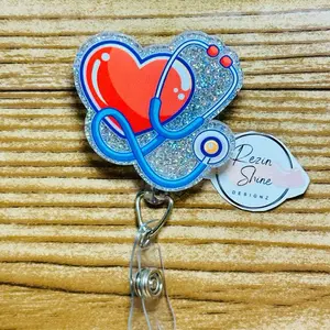 Heart With Stethoscope Silver Glitter Badge Reel
