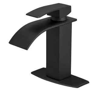 BESy Black Waterfall Spout Bathroom Faucet, Single Hole 1 Hole 3 Holes Single Handle Bathroom Sink Faucet, Rv Vanity Faucet with 6 Inch Deck Plate, cUPC Waterlines