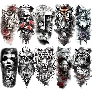 10 Piece Rose Wolf Temporary Tattoo Stickers, Includes 3D Animal Clock Floral Skull Jesus Designs, Waterproof Long-Lasting, Easy to Use and Remove
