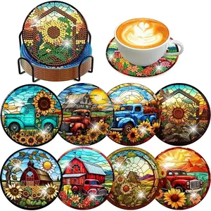 8 Piece Car Pattern Diamond Painted Coaster Set, Sparkling Rhinestone Heat Resistant Drink Mats with Stand, DIY Craft Supplies Gift, Diamond Painting Coasters