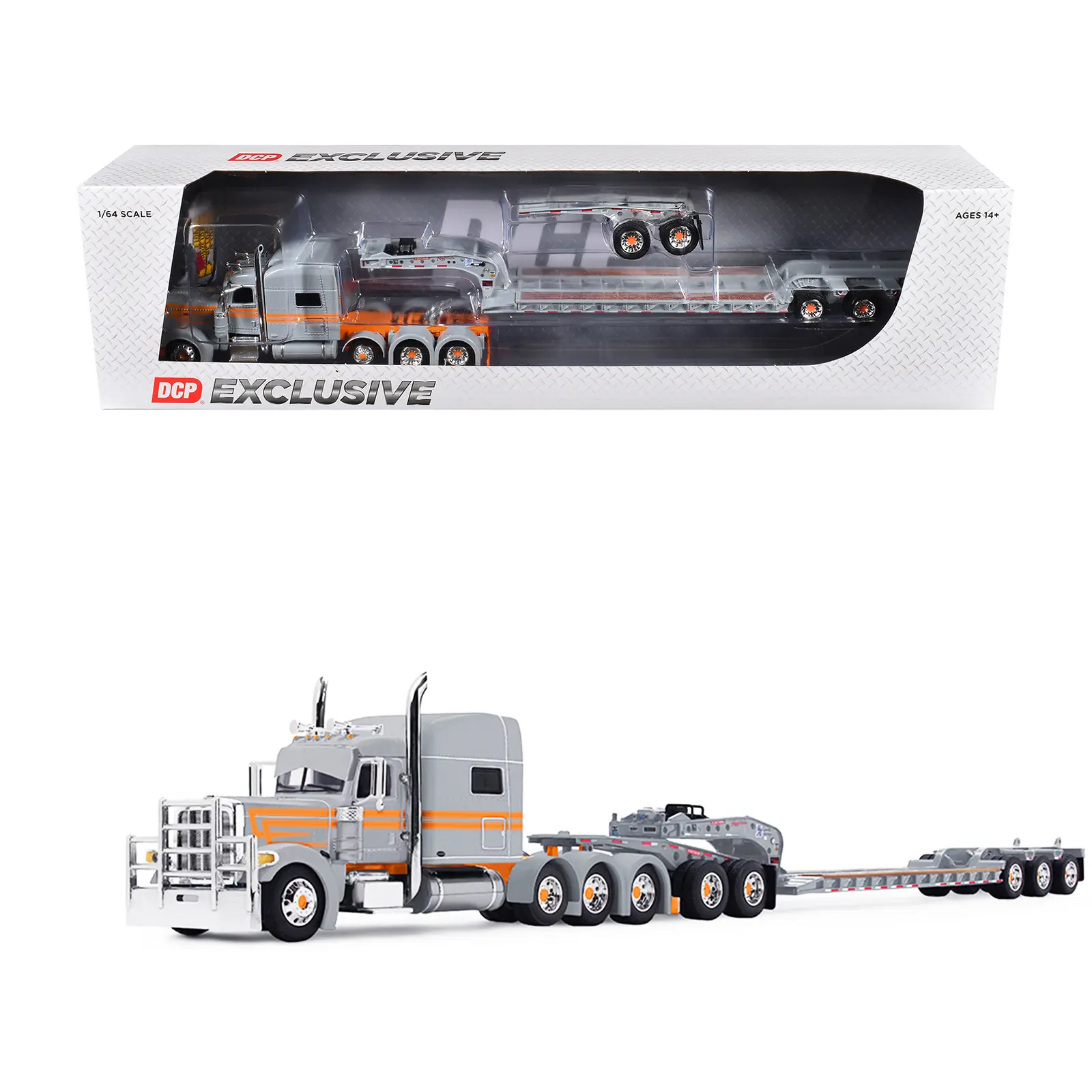 Peterbilt 389 with 70" Mid-Roof Sleeper & Fontaine Magnitude Trailer w/Jeep Gray w/Orange 1/64 Diecast Model by DCP/First Gear