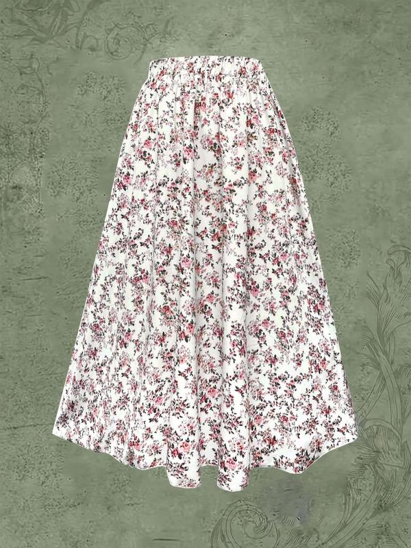 【Plus Size】 Ditsy Floral Print A Line Skirt, Boho Fashion Casual Elastic Waist Long Skirt for Daily Holiday Vacation Wear, Women's Clothing for All Seasons
