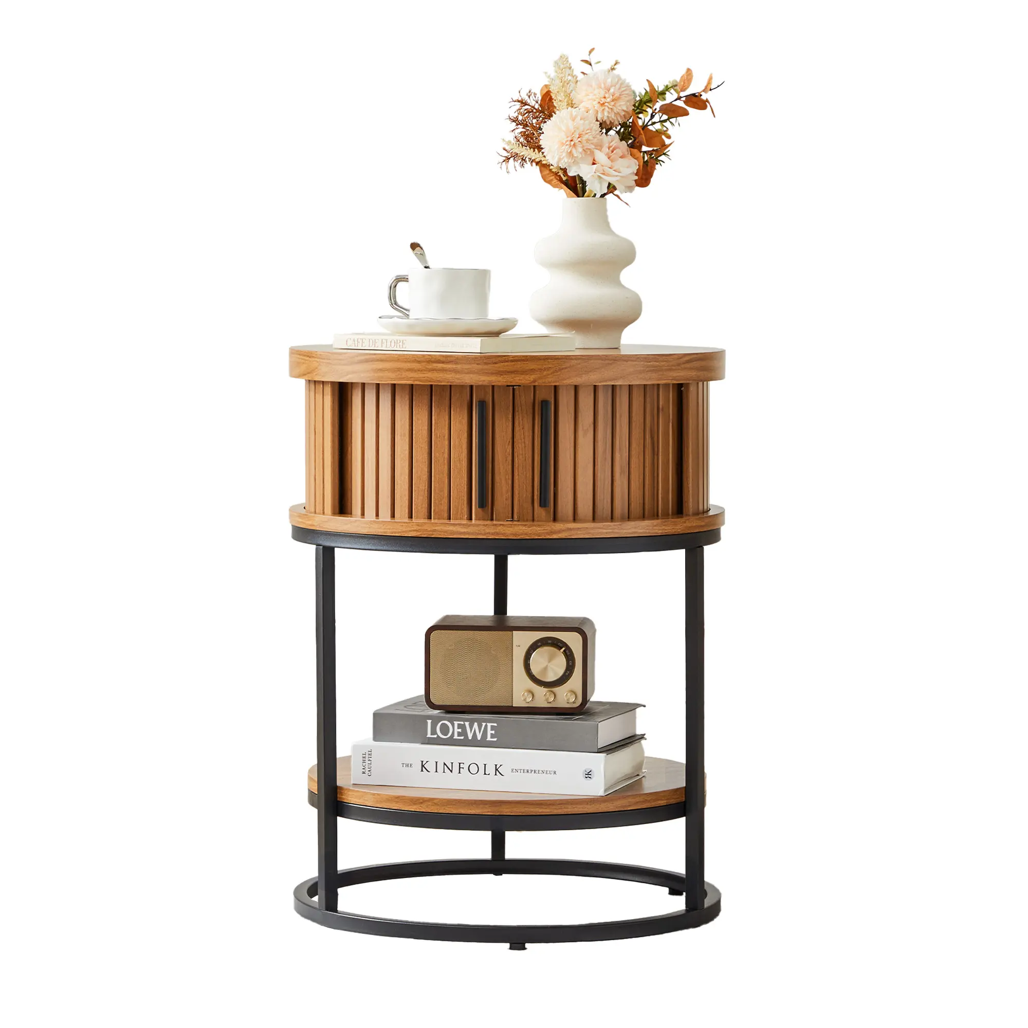 FurSch Mid-Century Round Side Table, Walnut Wood Nightstand with Hidden Storage, Modern 2-Tier End Table for Bedroom and Living Room