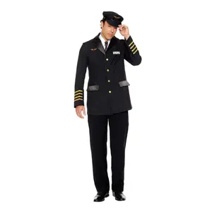 Hugh Jorgans Mile High Pilot Men Costume - Satin Jacket with Gold Trim, Pilot Hat, Collar with Necktie, and Nameplate - Classic Aviation Style for Themed Events