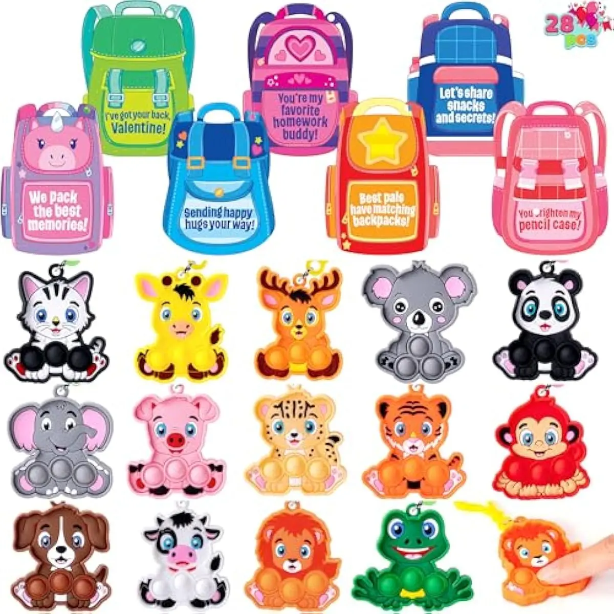 28 Packs Valentine's Day Cards with Animal Pop Bubble Keychain Toys, Mini Pop Squeeze Toys, Stress Anxiety Relief Fidget Toy with Cards for Kids Classroom Exchange, Game Prizes Party Favors