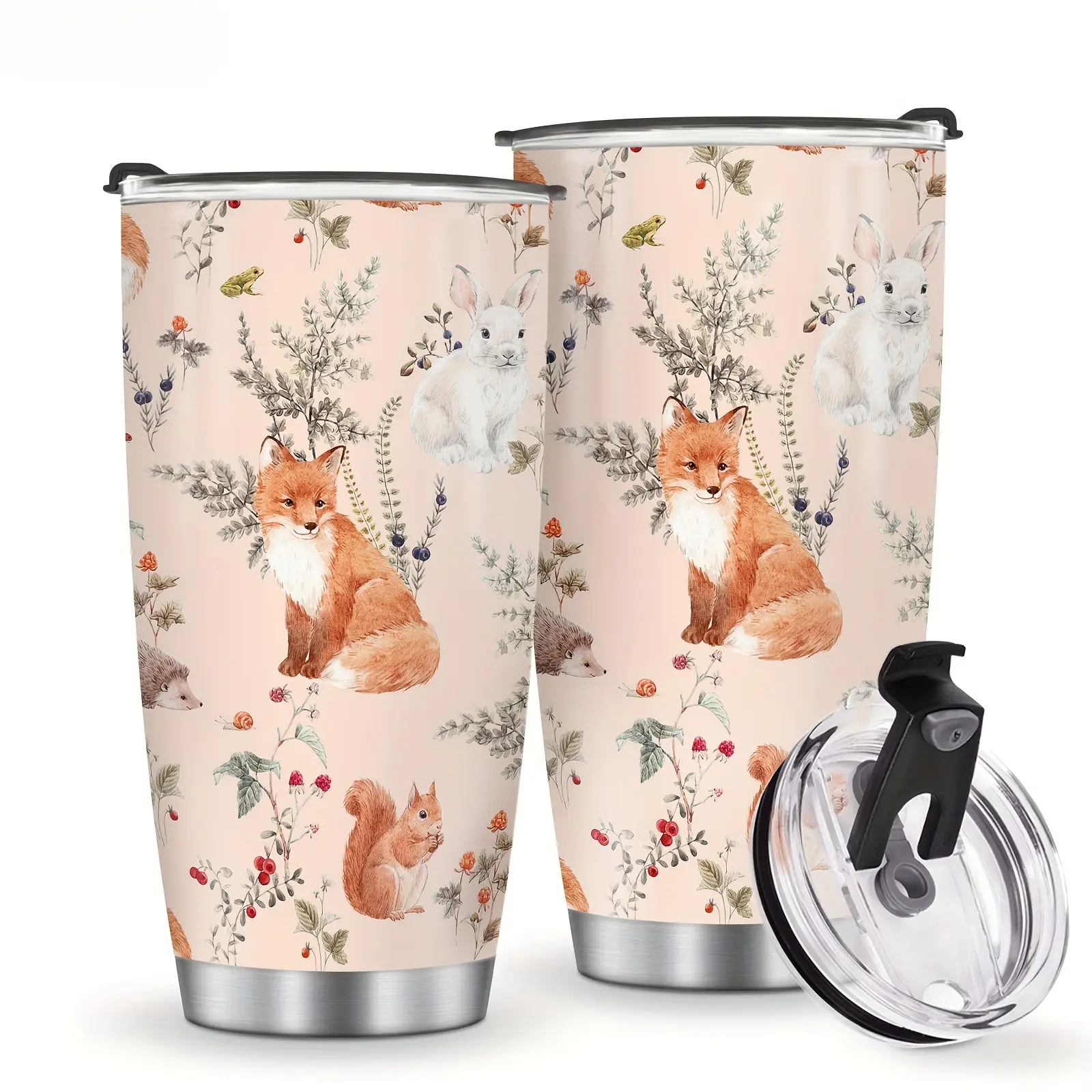 20oz (500-1,000 ml) Slim Shape Cute Fox Print Stainless Steel Tumbler - Leak-Proof Double Wall Insulated Coffee Cup with Lid for Adults, Portable Fit for Most Cup Holders, Camping Hiking, Office Commuting, Animals, Lake