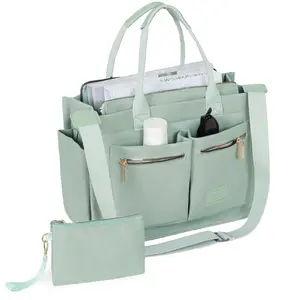 Women's Large Canvas Tote Bag Set with Zipper Pockets Oversized Shoulder Crossbody Work Travel Handbag Matching Small Pouch Secure Organized Versatile Use for 15" Laptop and Travel Essentials