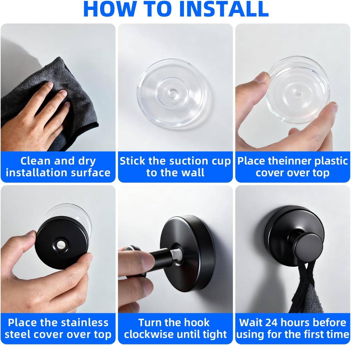 Suction Cup Hooks for Shower, No-Drill Towel & Robe Hooks for Bathroom, Glass Door, Mirror & Tile, 2 Pack, Matte Black – Ideal for Hanging Towels, Bathrobes & Loofahs