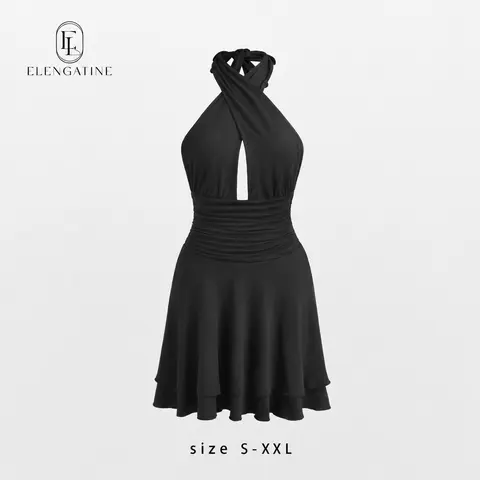 EL ELENGATINE Women's Chic Cross Halter Plunging V-Neck Sleeveless Ruched Bodycon Mini Dress with Side Slit - Evening Going Out Outfit, Dresses for Birthdays, Night Out Clothes for Women