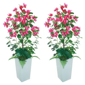 Pack of 2 Artificial Plants Bougainvillea with Pink Flowers 120 cm, Bougainvillea Artificial Silk Flowers Like Real in White Pot, UV-Resistant Plastic Plants for Indoor Outdoor Bedroom Office Garden