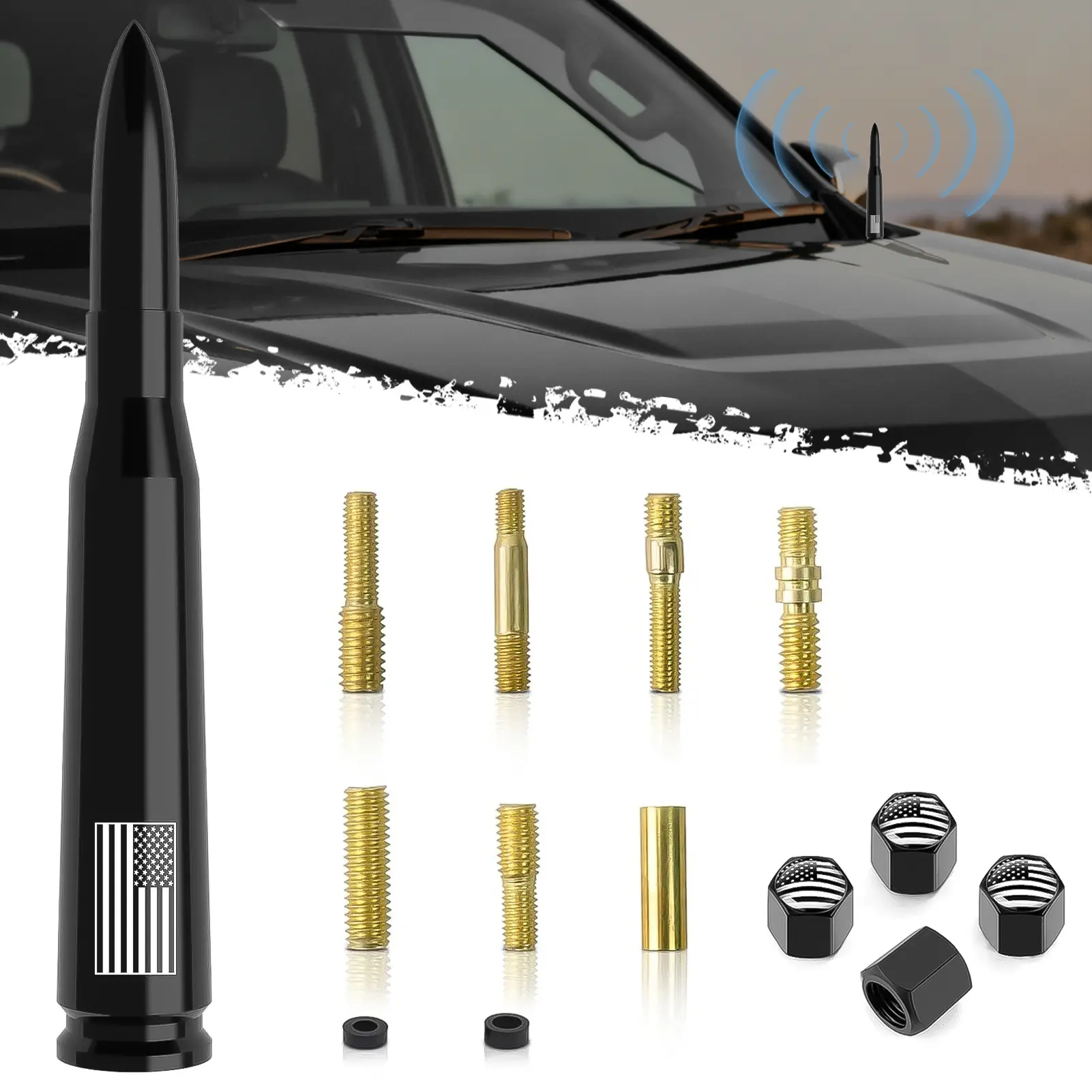 American Flag 50 Caliber Bullet Antenna - Compatible with Ford F-Series, Super Duty Trucks, Ford Raptor and Mustang Trucks, Anti-Theft, Black, Hood Side or Roof, Radar Detector Car Accessories TPS Sensor