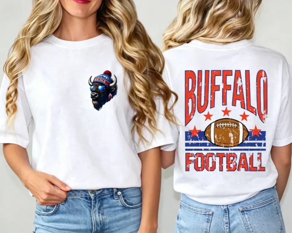 Men's Retro Buffalo Football Crewneck T-shirt - Double-sided Printing, Mascot Design, Short-sleeve Tops, Comfortable for Game Day, Anniversary, Beach, Shortsleeve, Casual