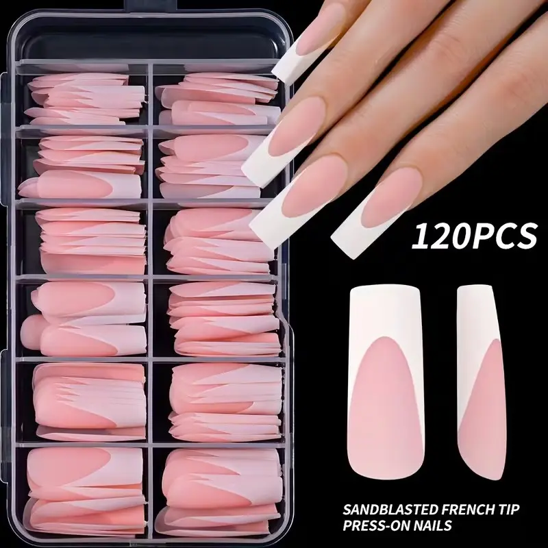120Pcs/Box Light Pink French Fake Nails, Decorative Nails Art Kit Press On Nails, French Style Long Square Coffin Matte Full Cover False Nails, Artificial Nail Tips For DIY Home Nail Art Supplies, Nail Extensions