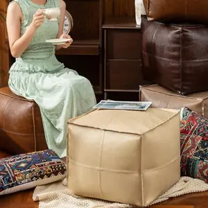 Light Luxury Oil-Wax Leather Floor Pouf Footstool - Tatami-Style Living Room Floor Cushion Seat Pad (Filling Not Included)