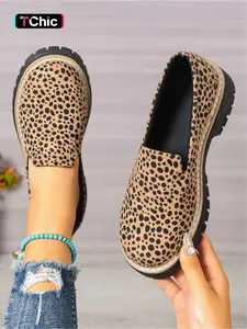 Women's Four Seasons Round Toe Thick Sole Slip-On Style Leopard Print Comfortable Slip-On Casual Fashion Shoes, Suitable for Daily Wear and Travel