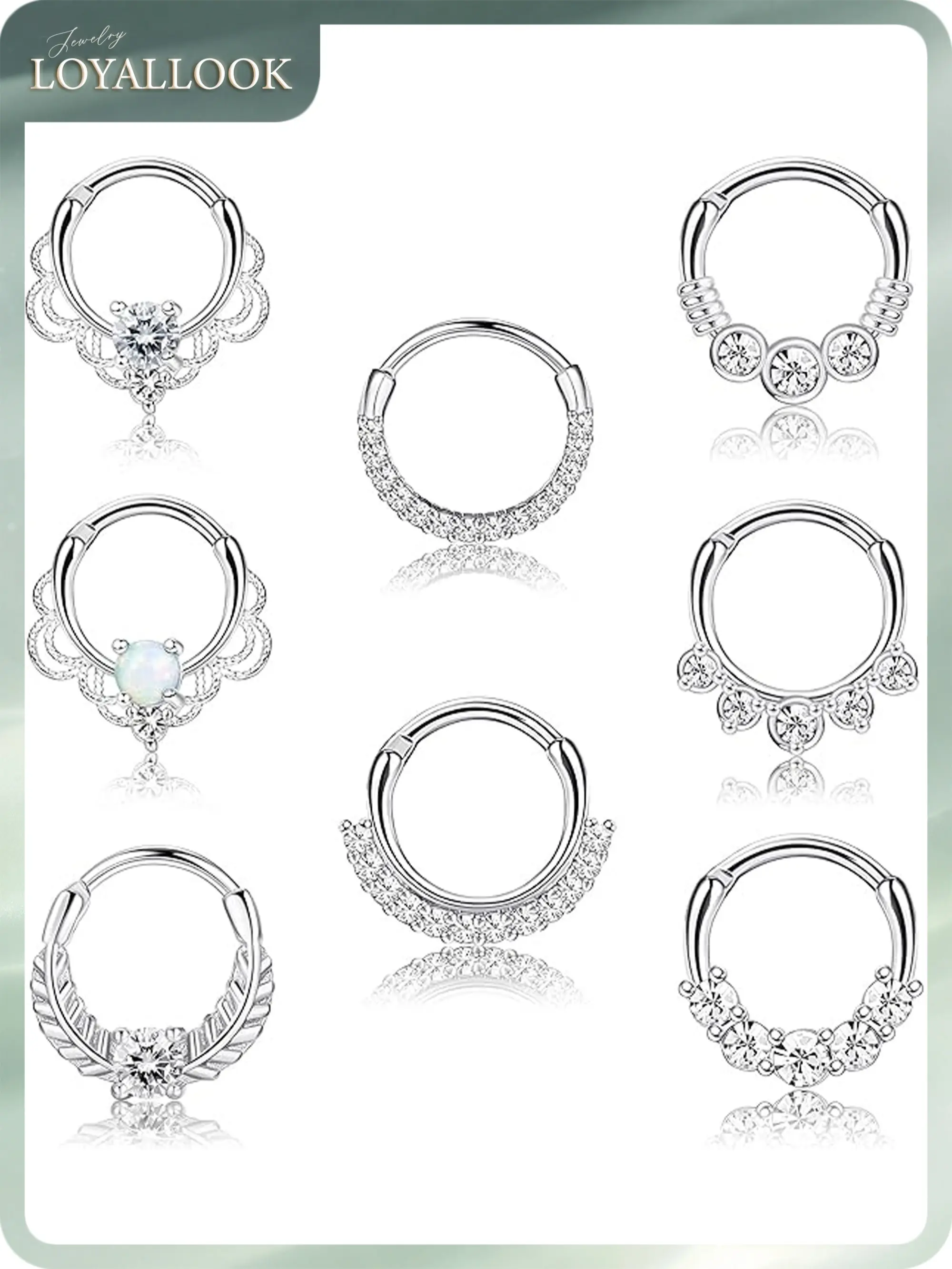 LOYALLOOK 8PCS 16G Septum Clicker Ring Stainless Steel CZ Opal Cartilage Helix Tragus Hoop Daith Earrings Nose Rings Hoop Hinged Segment Clicker Ring Piercing Jewelry
