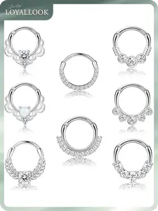 LOYALLOOK 8PCS 16G Septum Clicker Ring Stainless Steel CZ Opal Cartilage Helix Tragus Hoop Daith Earrings Nose Rings Hoop Hinged Segment Clicker Ring Piercing Jewelry