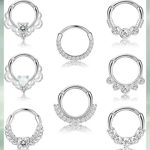 LOYALLOOK 8PCS 16G Septum Clicker Ring Stainless Steel CZ Opal Cartilage Helix Tragus Hoop Daith Earrings Nose Rings Hoop Hinged Segment Clicker Ring Piercing Jewelry