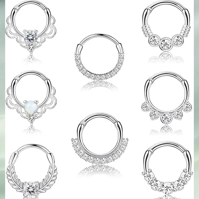 LOYALLOOK 8PCS 16G Septum Clicker Ring Stainless Steel CZ Opal Cartilage Helix Tragus Hoop Daith Earrings Nose Rings Hoop Hinged Segment Clicker Ring Piercing Jewelry