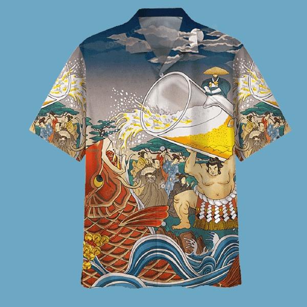 Beer Hawaiian Shirt Sumo Beer Drinking Japanese Style Aloha Shirt Beer Hawaiian Shirt | Cool Summer Anime Vibes for Men & Fans