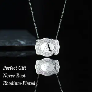 Holylegend Initial Letter Pendant Necklace with Embossed Belt Buckle, 2 Chains Included, Rhodium-Plated, Tarnish-Resistant, 18" Extender Length