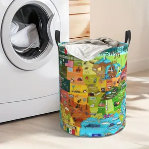 Foldable Large-capacity Cartoon Map Printed Laundry Basket - Durable Oxford Cloth Storage Basket, Suitable for Toys, Clothes, Bathroom and Bedroom - Modern Design, Easy To Store