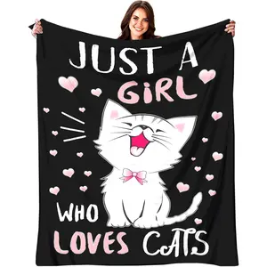 Kawaii Cat Throw Blanket - Soft Flannel, Gifts for Women & Kids, 80"x60", Printed on One Side with a Plain White Back, Halloween Thanksgiving Christmas Gift