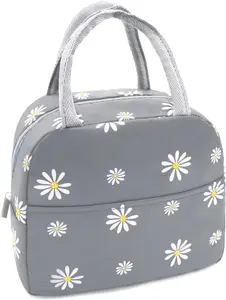 Insulated Lunch Bag Women Girls, Reusable Cute Tote Lunch Box for Adult & Men, Leakproof Cooler Lunch Bags for Work Office Travel School Picnic (Grey with White Daisy)