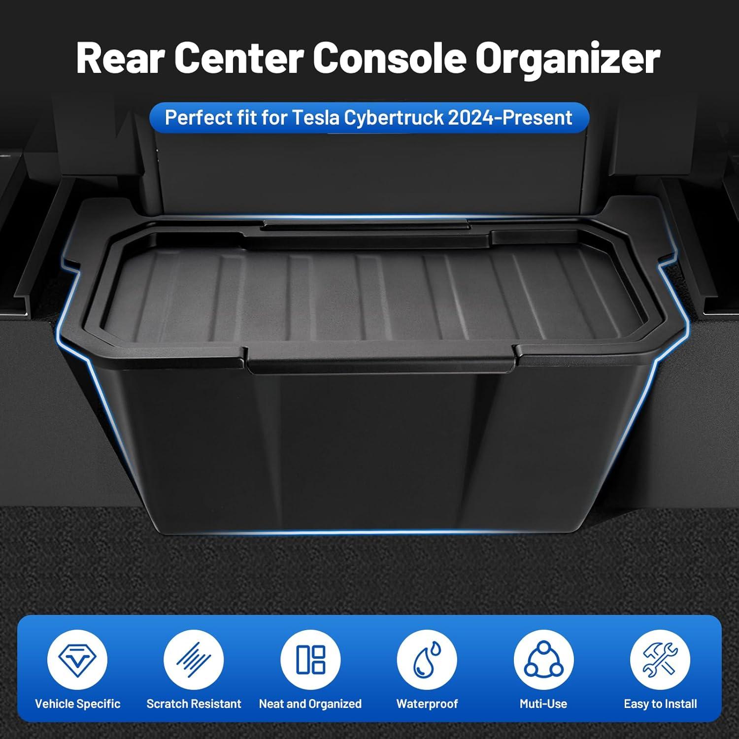 KUST Rear Floor Storage Box for 2024-2026 Tesla Cybertruck TPE Material Anti-Slip Lid Organizer Trash Can Easy Access Second Row Passengers