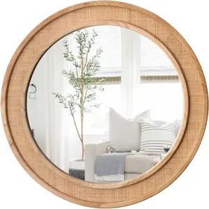24" Round Rattan Mirror, Circle Wall Mirror, Farmhouse Wooden  Mirror with  Wicker Frame, Decorative Boho Mirror for  Bedroom Living Room Entryway Nature