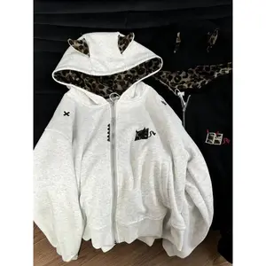 Autumn Winter Leopard Print Patchwork Hooded Sweatshirt Women Casual Loose Zipper Jacket Y2k Harajuku Fashion Outerwear Tops New