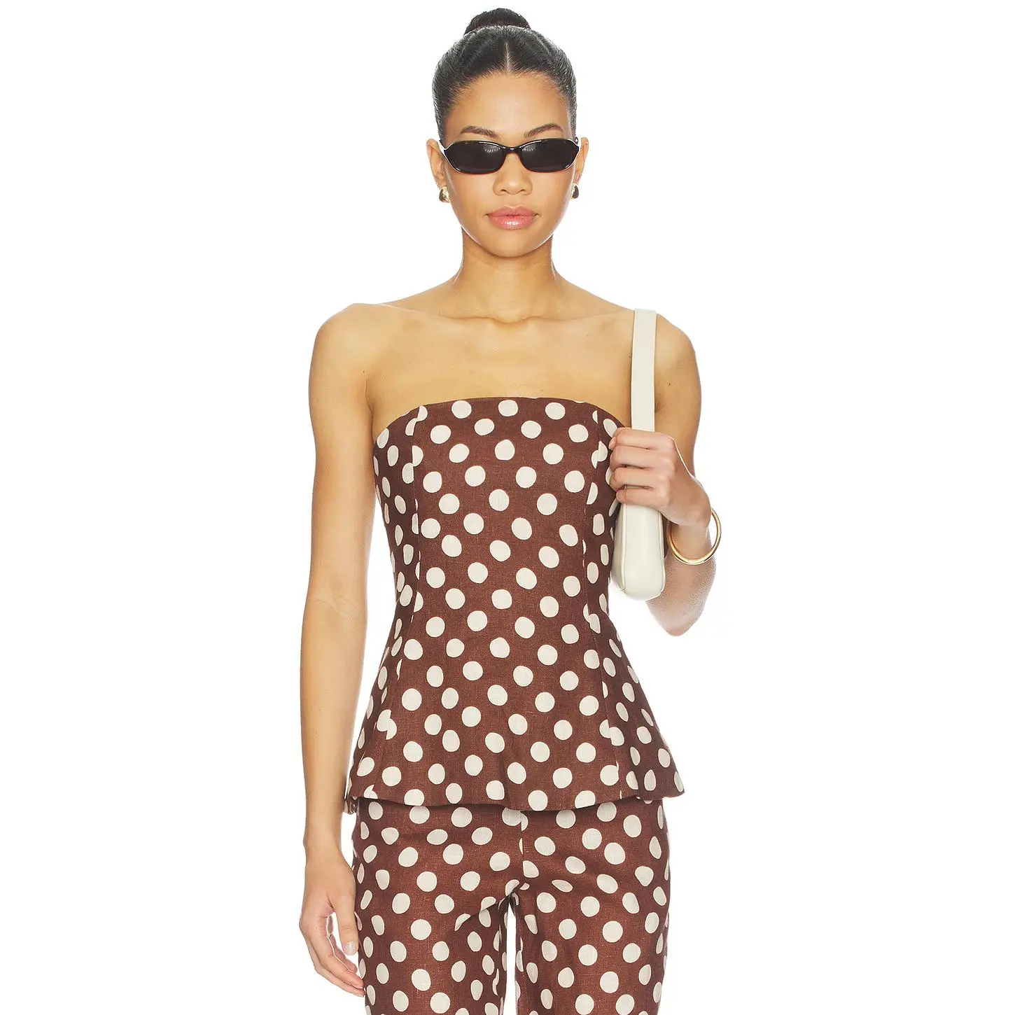 Women's FAITHFULL THE BRAND Petro Smocked Back Linen Blouse - Sleeveless, Cioccolato Polka Dot Print, Side Zip, Lightweight Casual Shirts for Women, Machine Washable Top