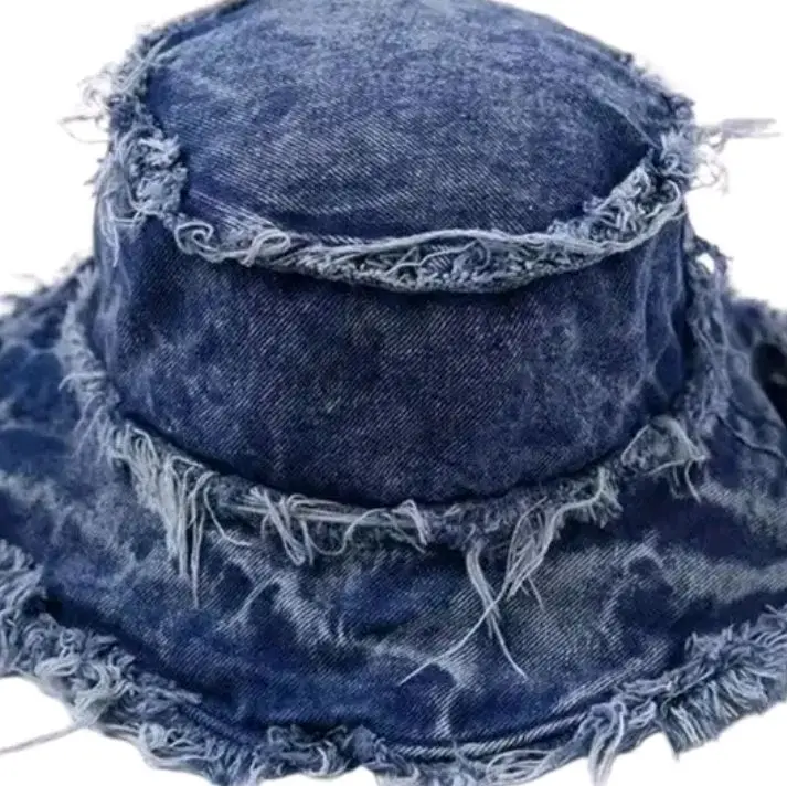 Denim Distressed Bucket Hat with Frayed Edges and Unique Design