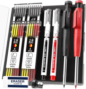 2 count Carpenter Pencils with Sharpener, Heavy Duty Woodworking Tools, Mechanical Pencil Set with 26 Refills, Deep Hole Long Nib Marker Pens for Architect Marking with Case (Black, Red)