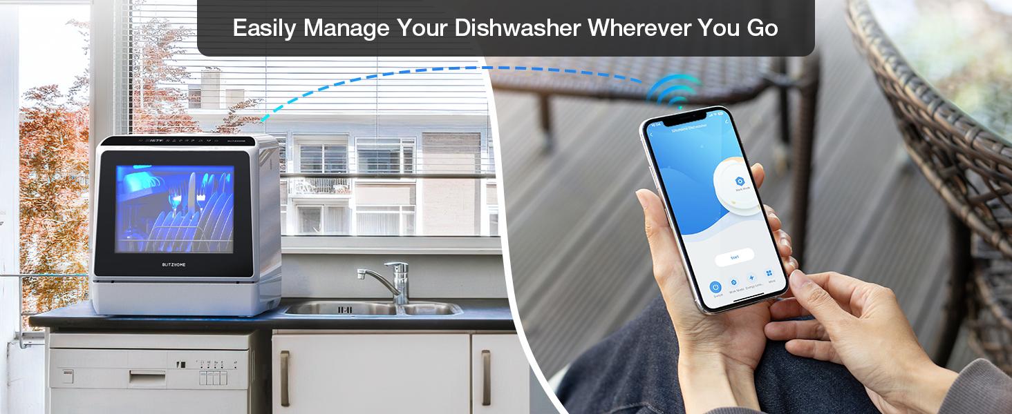 Countertop Dishwasher, BLITZHOME WiFi Smart App Control 6 Programs Portable Mini Dishwasher with 5L Built-in Water Tank, 360° Dual Spray, High-Temp & Dry, Delay Start Function, Compact Tabletop Dishwashers for Kitchen, Apartment, Camping, RV