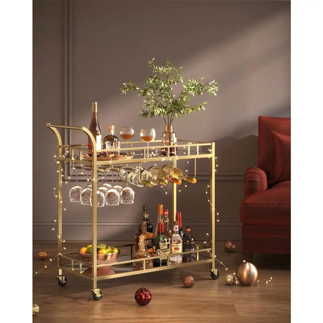 Bar Cart , Home Bar Serving Cart, Wine Cart With 2 Mirrored Shelves, Wine Holders, Glass Holders, For Kitchen, Dining Room Double Sliding Tub Door