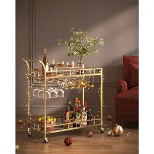 Bar Cart , Home Bar Serving Cart, Wine Cart With 2 Mirrored Shelves, Wine Holders, Glass Holders, For Kitchen, Dining Room Double Sliding Tub Door