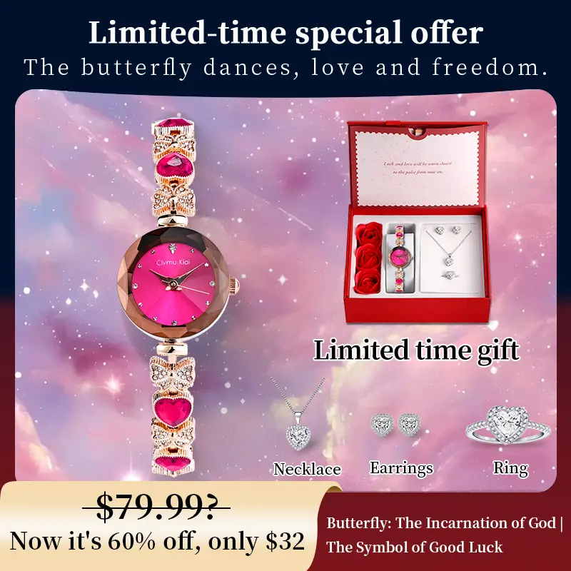 Clvmu Kiai Ladies Elegant Butterfly Watch Bracelet Set with Heart Shaped Gift Box Exquisite Necklace Ring Earrings Fashionable Jewelry for Women Perfe