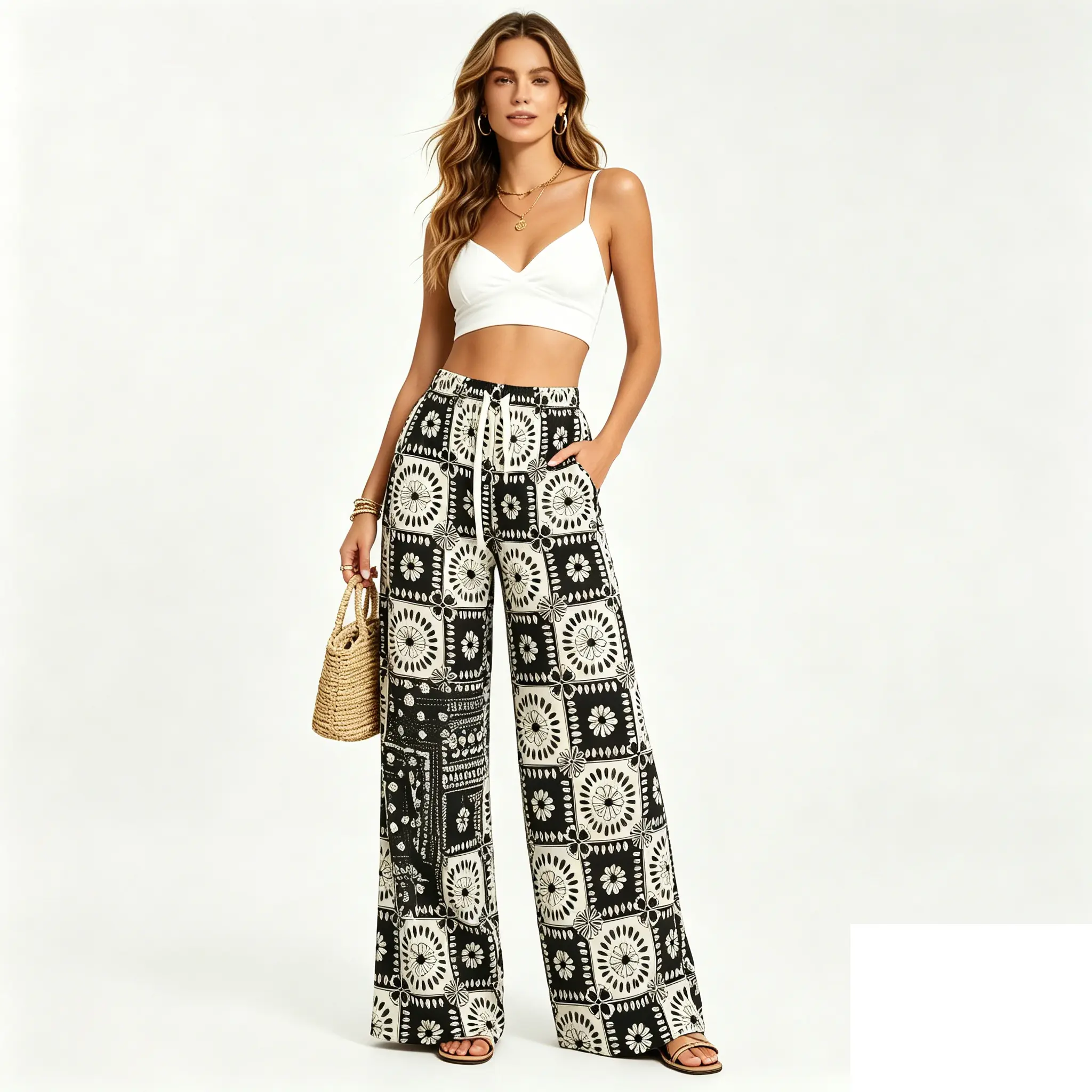 Women's Bohemian Style Pants, Plus Size Casual Joggers with a Wide Leg Cut and Drawstring, Soft Lightweight Fabric, Beach Wear, Soft Fabric, Breathable, Soft Stretch