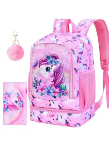 Girls Unicorn Backpack, 2-in-1 Kids Sequins Bookbag Set with Bottom Lunch Compartment, 17" School Bag for Elementary Preschool Toddler, Easy Carry!