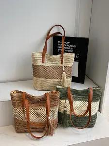 2026 Summer Bohemian Tote Bag, Handwoven Raffia, Leather Strap, Pearl Fringe, Large Capacity, Perfect for Daily Use, Fashionable & Comfortable
