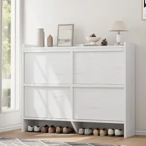 White MDF Wood Accent Storage Cabinet - 4-Flip-Drawer Unit with Adjustable Shelf, Waterproof Top, Chic Design, Easy-Install Wall-Mountable Rack, Large Hidden Storage for Entryway, Indoor Furniture Decor