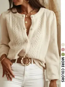 Women's Plain Knit Cardigan, Round Neck Hollow Out Button Sweater, Bubble Sleeve Soft Knit Top, Elegant Fall & Winter Clothing, Knitwear