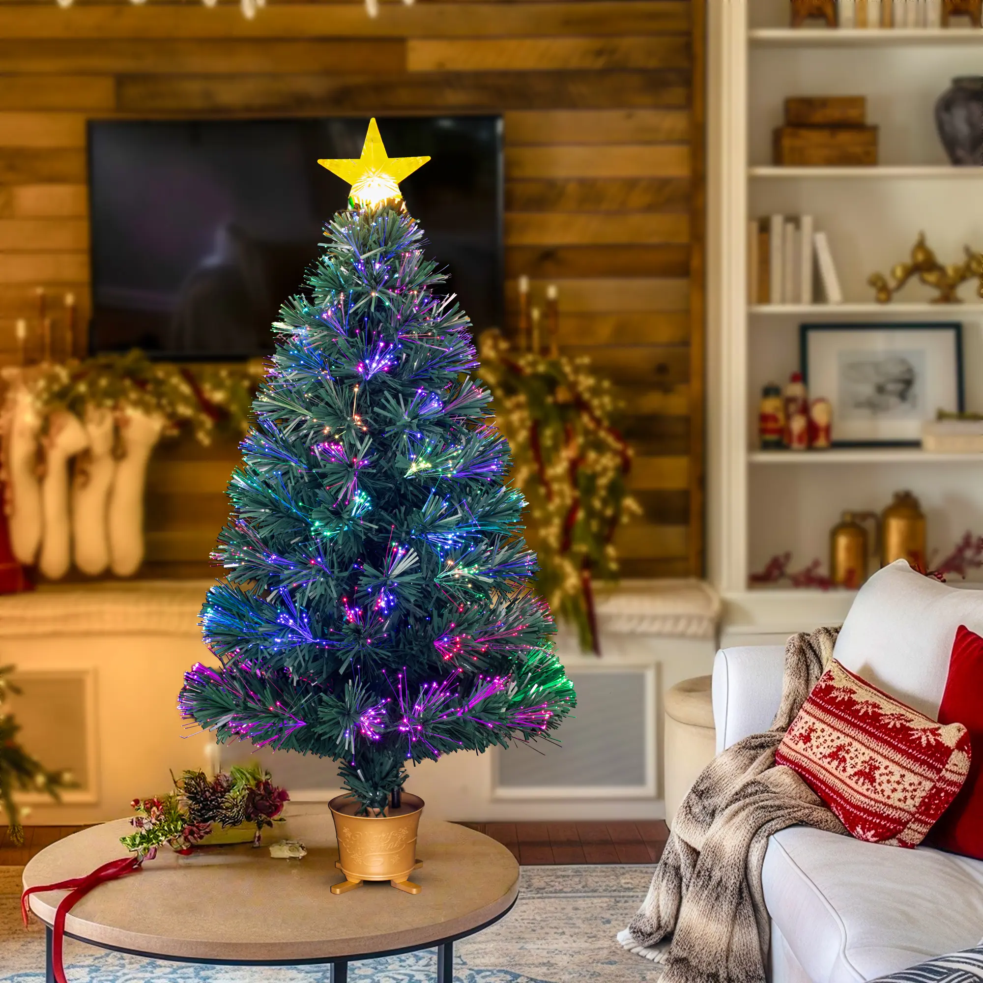 90cm Fiber Optic Christmas Tree with Star Topper, and Transparent Options, LED Lights, USB Powered, Indoor Decor