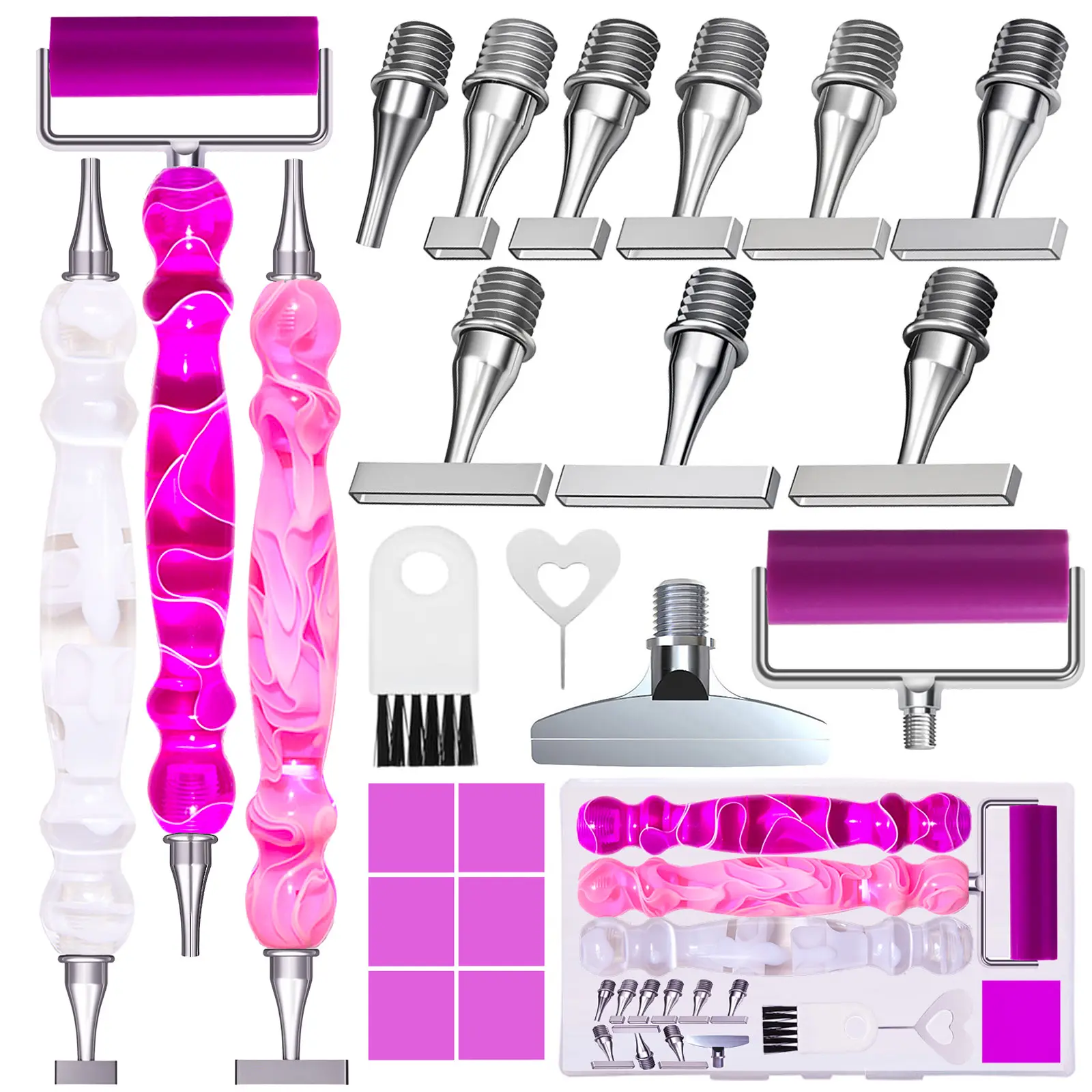 ZYNYXY 22PCS Ergonomic Resin Diamond Art Pens Kit for Adults - Stainless Steel Screw Thin 1-9 Tips, Correction Placers, Roller Accessories (Purple + Pink + White + 10 Extra Tips) | Amazing Gift