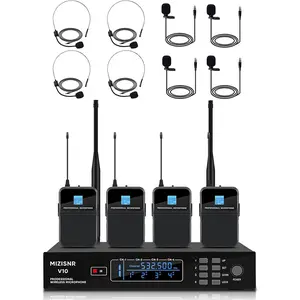 4 Channel Wireless Lapel Microphone, Set of 4 Headset & Lavalier Mics with 4x50 Adjustable Frequency UHF Metal Receiver, 300ft Range Microphone System for Church, Karaoke, Preaching, Wedding